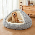 ShinHye Round Plush Fluffy Hooded Cat Bed Cave, Cozy for Indoor Cats or Small Dogs, Waterproof Bottom, Washable（35 in）