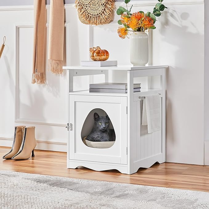 Yaheetech Cat Litter Box Enclosure, Hidden Litter Box Furniture with Open Shelf, Indoor Cat Washroom, Storage Cabinet Pet Crate, Side End Table, Wooden Pet House White