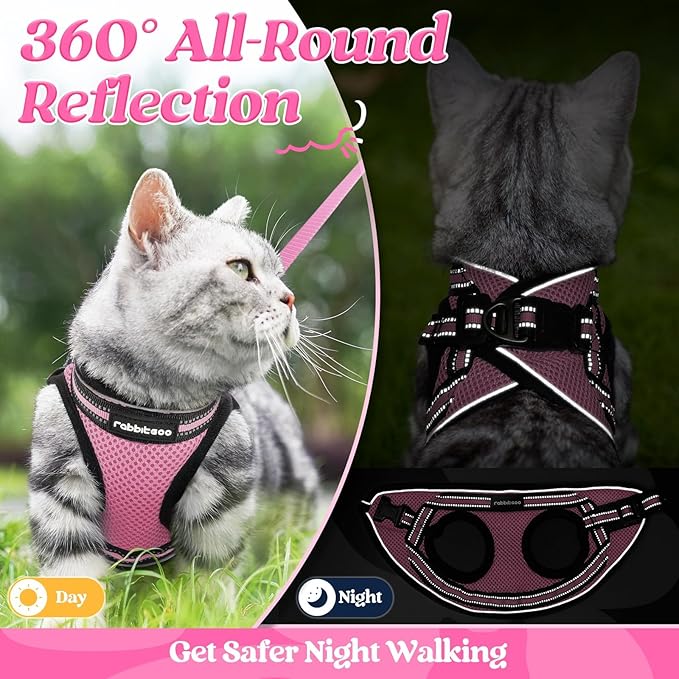 rabbitgoo Cat Harness and Leash Set for Walking Escape Proof, Adjustable Soft Kittens Vest with Reflective Strip for Cats, Comfortable Outdoor Vest, Pink, L