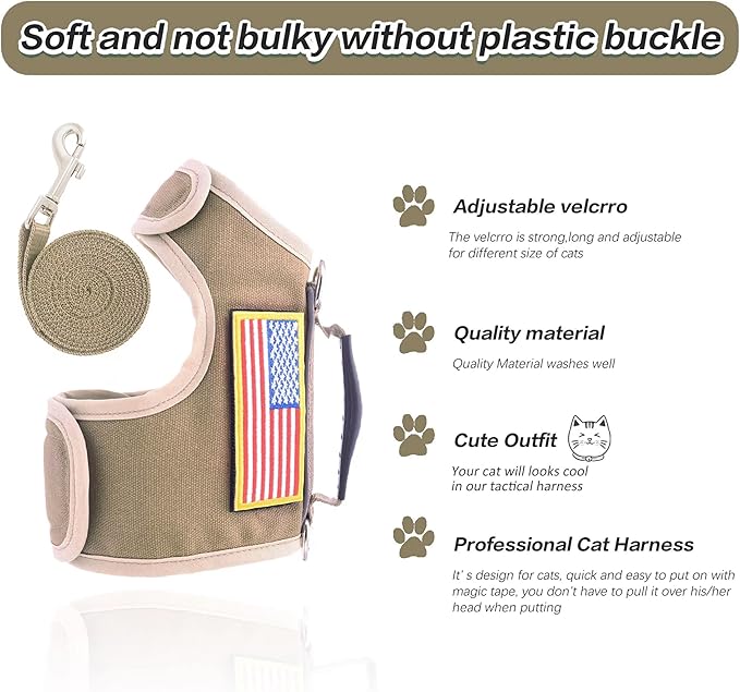 Tactical Cat Harness and Leash for Walking Escape Proof, Adjustable Cat Walking Jackets, Padded Stylish Cat Vest, Khaki, X-Large