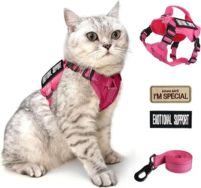Tactical Cat Harness and Leash Pink for Walking Esacpe Proof, Adjustable Soft Mesh Large Cat Vest with Handle Easy to Control,Molle Patches L