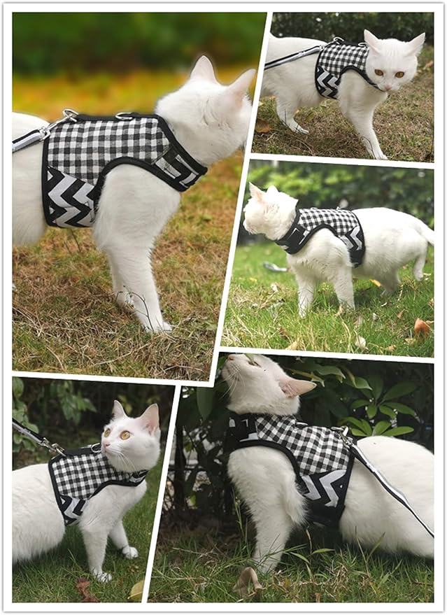 Cat Harness and Leash for Walking Escape Proof, Adjustable Cat Vest Harness, Padded Stylish Cat Walking Jackets, Black Plaid, Large