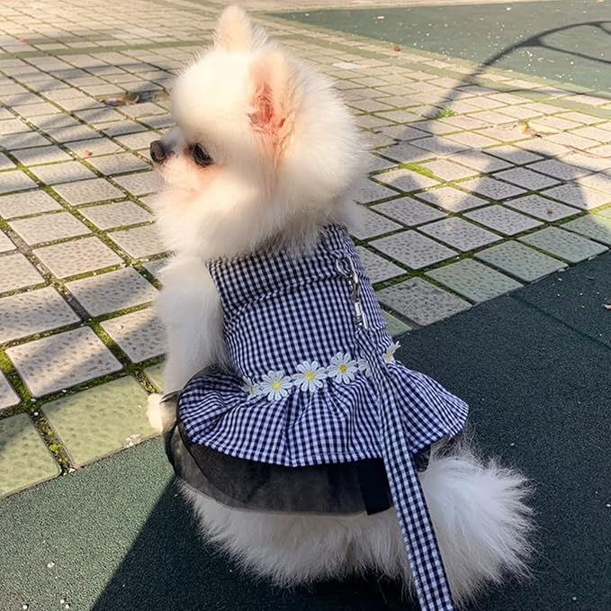Small Dog Dress with Leash Set Adjustable Dog Harness Dress with D Ring Breathable Walk Doggie Outfits for Puppy Girl and Cat (S,Black)