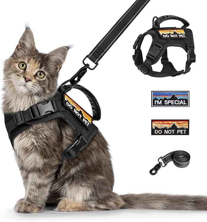 Tactical Cat Harness and Leash for Walking Esacpe Proof,Adjustable Soft Mesh Large Cat Vest with Rubber Handle Easy to Control,Molle Patches
