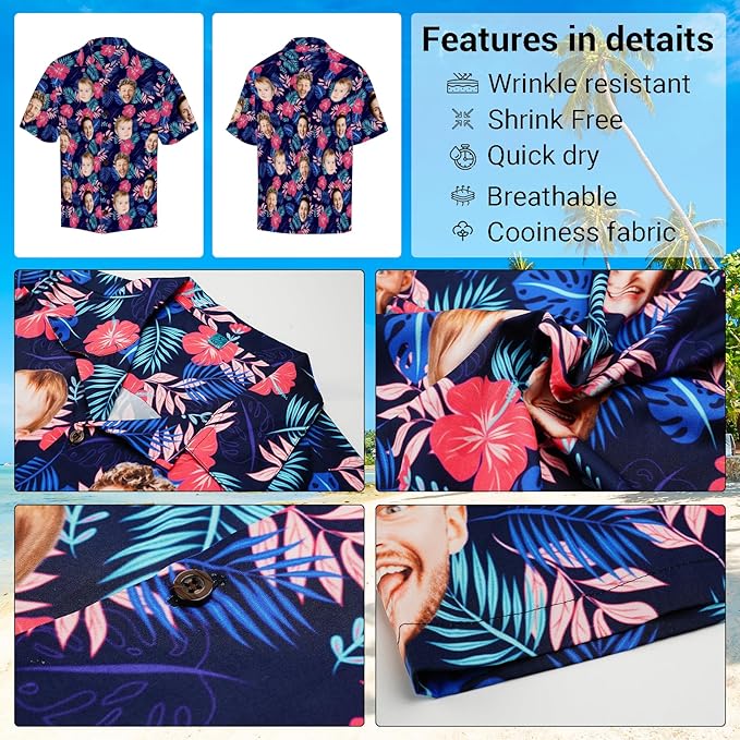 Custom Hawaiian Shirt with Face for Men, Unisex Tropical Beach Shirts Personalized Casual Funny Hawaii Button Down Shirts