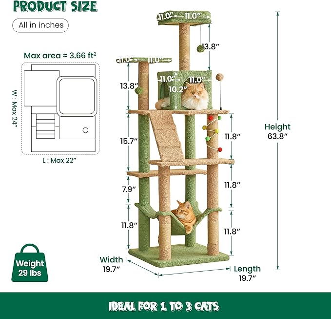 MWPO 63.8 Inches Green Cat Tree for Indoor Cats, Multi-Level Cat Tower with Sisal-Covered Scratching Posts, Padded Platform, Hammock, Dangling Toys, Stable Cat Condo Pet Play House
