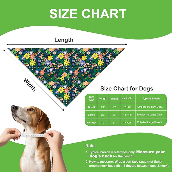 Spring Floral Dog Bandana for Small Dogs, Reversible 2 Patterns in 1 - Wildflower & Plaid Scarf, Summer Decorative Pet Bib for Girl Pups (9-14" Neck)