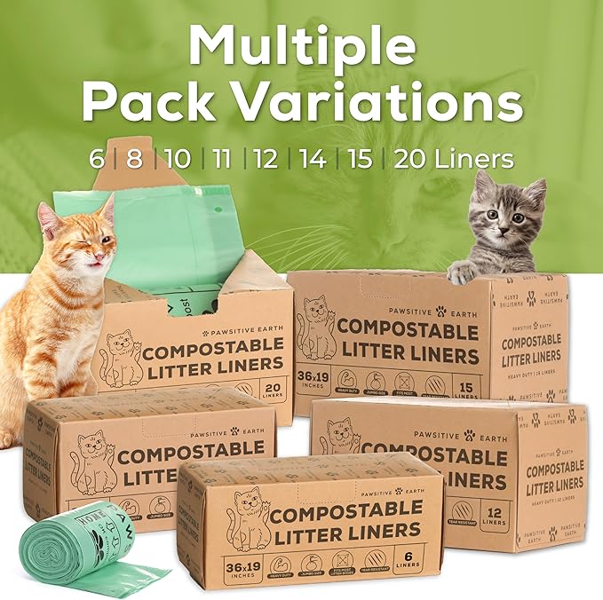 Cat Litter Box Liners 100% Compostable - Drawstring Close - 20 Count - Jumbo Size 36" x 19" - Tear & Leak Resistant - OK Compost Home Certified