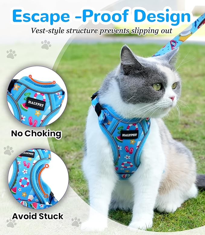 Halypet Cat Harness and Leash Set for Walking, Escape Proof Adjustable Vest Harness with 3-in-1 Integrated Buckles, Easy Control Soft Breathable Mesh with Reflective Strips for Cats, M, Ocean Blue