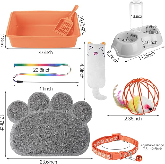 7 Pcs Small Cat Kitten Starter Kit Cat Litter Box with Shovel Paw Litter Mat Double Automatic Kitten Bowls Toy Teaser Stick Collar Essentials Kits for 1-3 Lbs Beginner(Simple,Orange)
