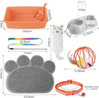 7 Pcs Small Cat Kitten Starter Kit Cat Litter Box with Shovel Paw Litter Mat Double Automatic Kitten Bowls Toy Teaser Stick Collar Essentials Kits for 1-3 Lbs Beginner(Simple,Orange)