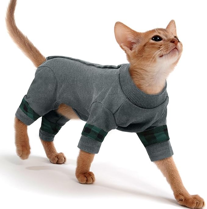 PUMYPOREITY Fur Control Cat Pajamas, Versatile Shirt for All-Day Wear, Soft Stretchy Sweater with Back Snap for Easy Wear, Cat Onsie Prevents Licking Wounds, 2XL, Grey