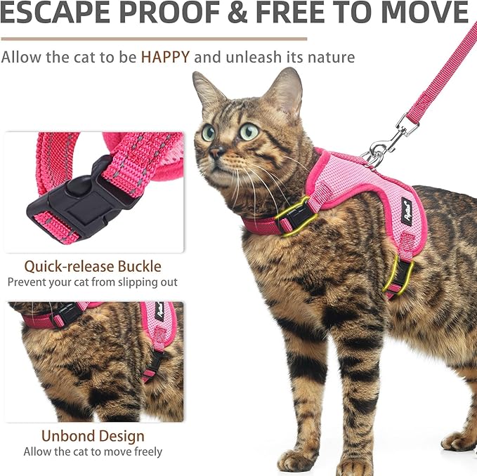 PUPTECK Cat Harness and Leash Set Escape Proof, Reflective Adjustable Soft Mesh Kitten Vest Harness for Walking Travel, Pink, M