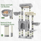 Cat Tree for Indoor Cats Large Adult, Heavy Duty Cat Tree for Large Cats 20 lbs+, Cat Condo with Big Wooden Perch, Cat Tower with 14 Scratching Posts, Hammock, Light Gray GCT023W