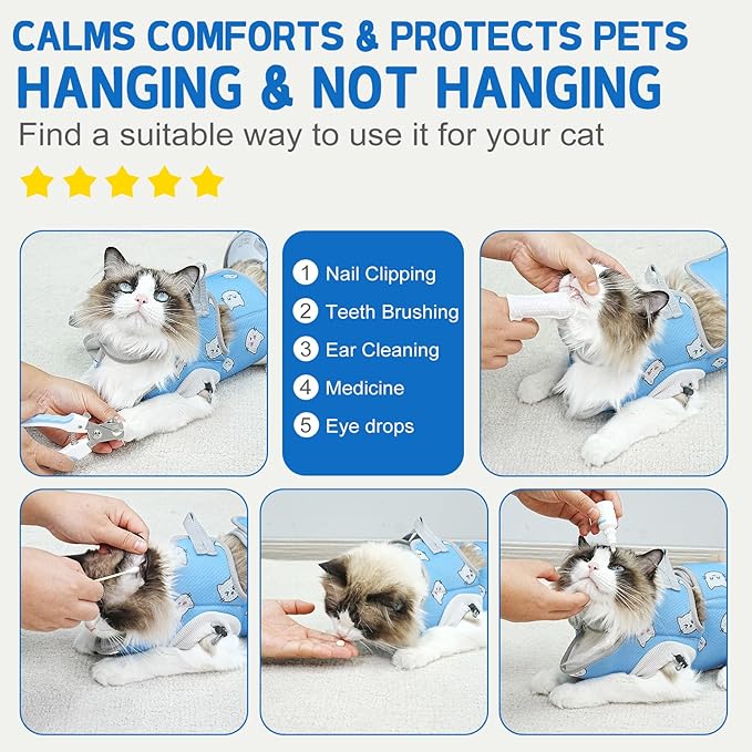 Supet Cat Grooming Hammock Harness for Nail Trimming, Cat Grooming Hanging Sling for Nail Clipping, Pet Restraint Holder for Cutting Nails, Medicine, Ear & Teeth Cleaning, Eye Care (BlueCat M)