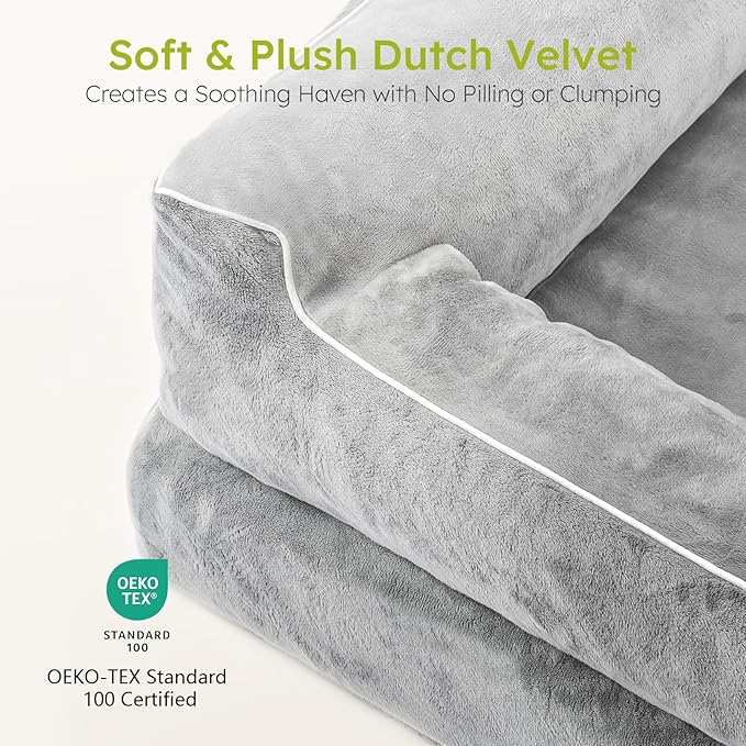 Dog Beds for Large Dogs, Orthopedic Dog Bed with Cooling Gel Memory Foam, Waterproof Large Pet Bed with Removable Washable Cover, 36" Pet Sofa Couch Dutch Velvet with Bone Toy, Light Gray