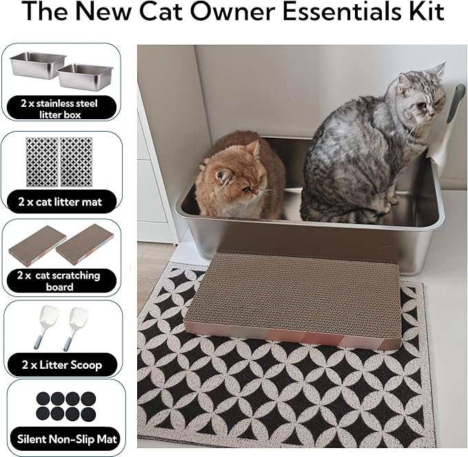 2 Pack Stainless Steel Cat Litter Box with High Sides - Metal Cat Pan, Large Indoor Litter Tray, Never Absorbs Odor, Pet Toilet Supplies Smooth Surface for Kitten, Kitty, Rabbit 23.6" 16"x8"