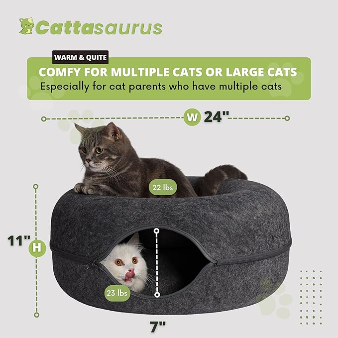 CATTASAURUS Peekaboo Cat Cave for Multiple & Large Cats Up to 30-45 Lbs, Scratch Detachable & Washable Tunnel Bed, Comfy Donut Cat Cave (Dark Gray, Large)