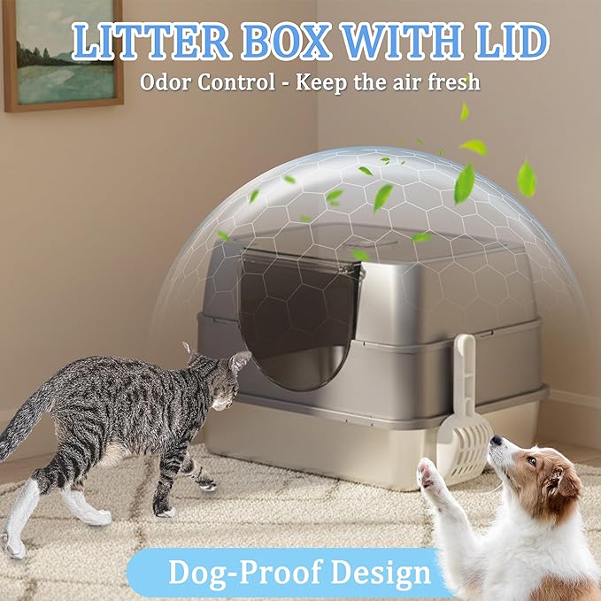 Enclosed Cat Litter Box with Flip-Top Lid, Stainless Steel Large Covered Litter Box, High Sided Metal Litter Pan with Litter Scoop & Mat, Odor Control, Leak Proof, Easy Cleaning, White