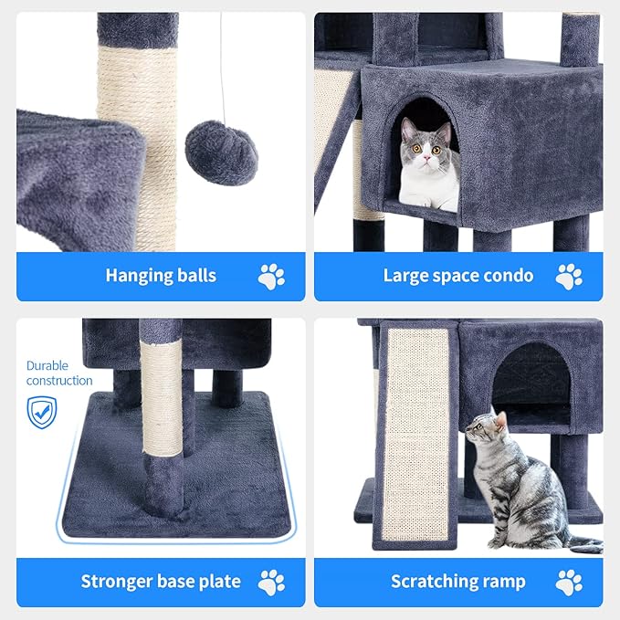 BestPet 36 inches Cat Tree for Indoor Cats Cat Tower with Scratching Posts Multi-Level Cat Furniture Condo with Ramp, Perch Spacious Cat Cave & Funny Toys for Kittens House,Dark Grey