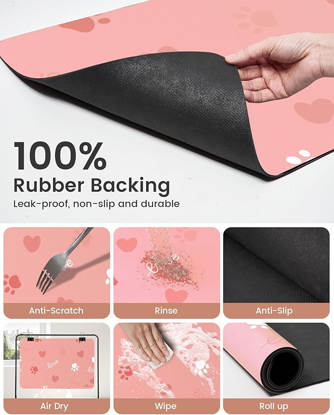 Cat Dog Food Mat, Rapid Water Absorption Dog Mat for Food and Water,100% Waterproof Cat Dog Bowl Mat,16"x24"-Pink
