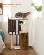 FourFurPets 35.4in 3-Tier Modern Cat Tree Tower Condo, Cat Scratch Posts for Indoor Cats, Big Plate, Two Full Sisal Scratching Posts, Rustic Brown