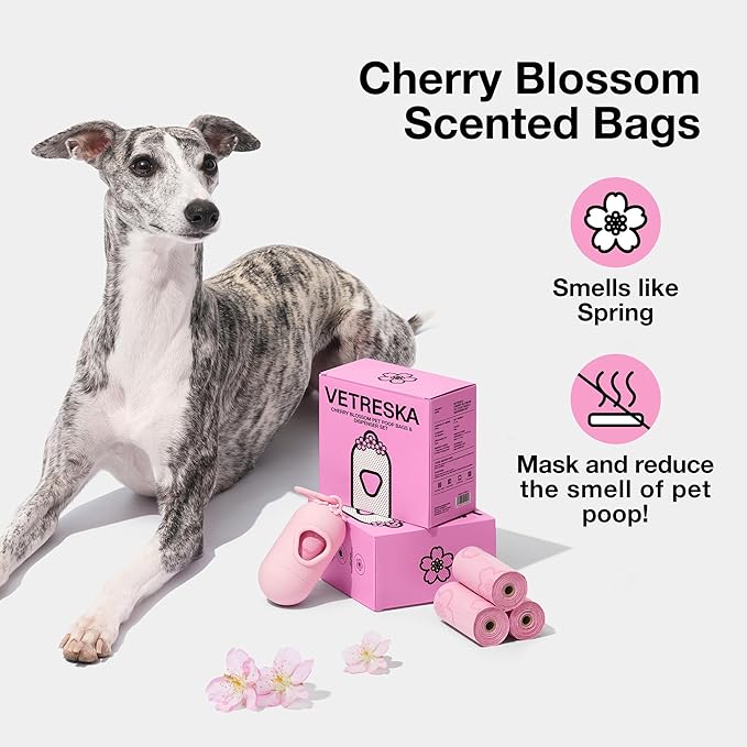 VETRESKA Dog Poop Bag Dispenser with Cherry Blossom Scented Poop Bags, Leak Proof and Extra Thick Pet Waste Bags, 1 Poop Bag Holder and 105 Bags for Dog Walking and Cats Litter, Pink