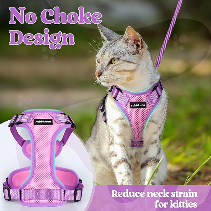 rabbitgoo Cat Harness and Leash Set, Escape Proof Soft Adjustable Vest Harnesses for Outdoor Walking, Easy Control Breathable Kitten Jacket with Reflective Strips, Pink & Purple, XXS