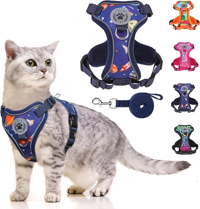 BEAUTYZOO Escape Proof Cat Harness and Leash for Walking, Soft Adjustable Cute Vest for Small to Large Cats, Reflective Breathable Easy-Control Outdoor Jacket, Kitten Harness and Leash Set, Blue, M