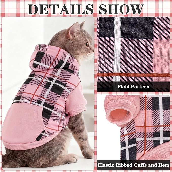 EXPAWLORER Plaid Cat Hoodie - British Style Warm Cat Sweater Shirt with Leash Hole,Pet Clothes Outfits,Winter Coat Apparel for Puppy Cats Girl Boy-Kitten Apparel,Pink L