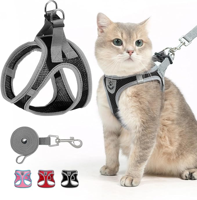 SCENEREAL Cat Harness and Leash Set Escape Proof, Adjustable Soft Air Mesh Kitten Harnesses for Girls Boys Small Medium Big Cats, Reflective Light Travel Pet Walking Vest for Puppy Rabbit, Black L