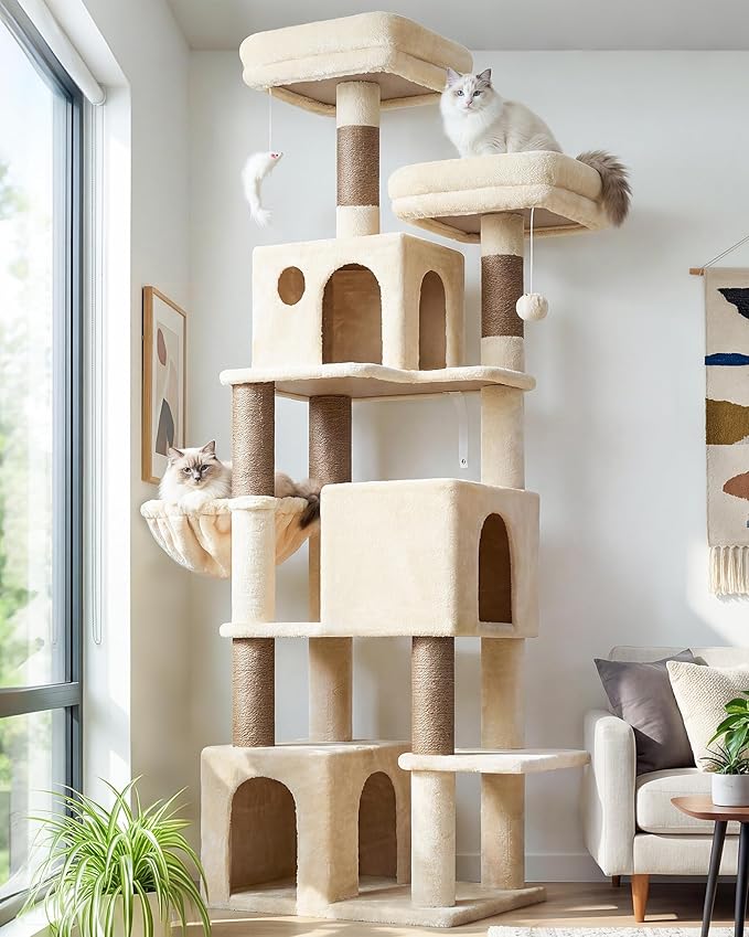 Globlazer Cat Tree Tall, 71 inches Cat Tower for Indoor Adult Cats Multi-Level 3 Condos for Indoor Cats XL Cat Tree Tower with Scratching Posts, Soft Extra Large Hanging Basket, F71, Beige