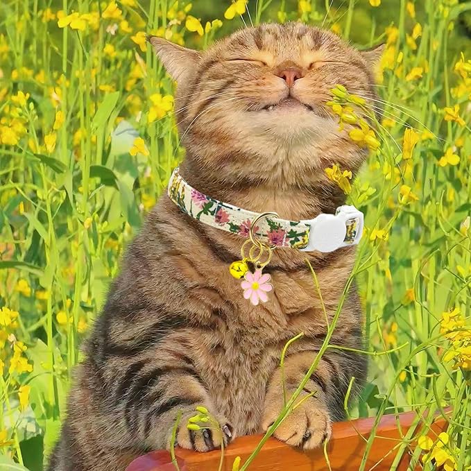 2 Pack Cotton Breakaway Cat Collars Set with Bell and Flower Pendant, Cute Floral Fruit Patterned, Adjustable 7.5-11Inch, Include A Mouse Toy Gift