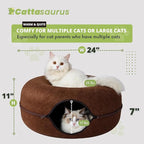 Cattasaurus Peekaboo Cat Cave Donut for Multiple & Large Cats up to 30-45 lbs, 3-in-1 Self Warming Cat Bed, Tunnel & Scratcher for Indoor Cats, Washable & Detachable Small Dog Bed (Brown, Large)