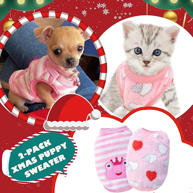 2 Pieces Dog Sweater for Small Dogs Teacup Dog Clothes for Extra Small Dogs Xmas Chihuahua Sweater Pet Puppy Cat Clothing Warm Winter Clothes (X-Small, Frog, Love)