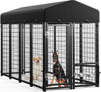 Sino Luban Outdoor Dog Kennel Outside Run with Doggy Door, Swivel Feeder&Roof - 8x4x6FT Large Dog Kennels Pens Outside for Large Dogs Breed- Heavy Duty Cage Yard (Can Connect to Your Dog House)
