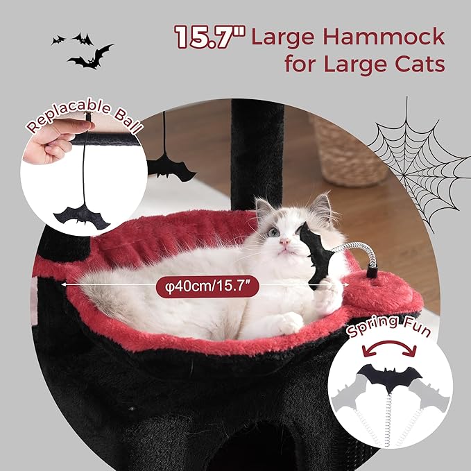 Gothic Cat Tree 32 Inches Small Cat Tree for Large Cats Adult Cat Tower with Scratching Post,15.7”Large Hammock and Self Groomer, and Removable Top Perch and Wide Condo for Indoor Cat-Gothic