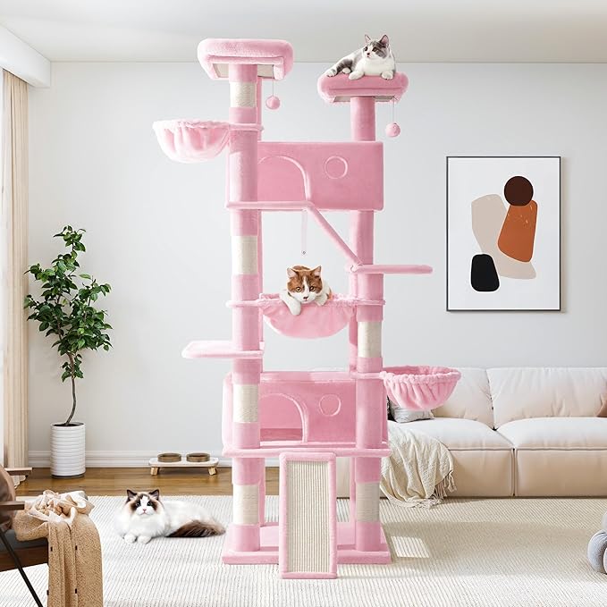 Allewie 81 Inches Tall Cat Tree/Multi-Level Large Climbing Tree House and Towers for Big Feline/Condo and Hammock/Scratching Post/Wide Base/Pink