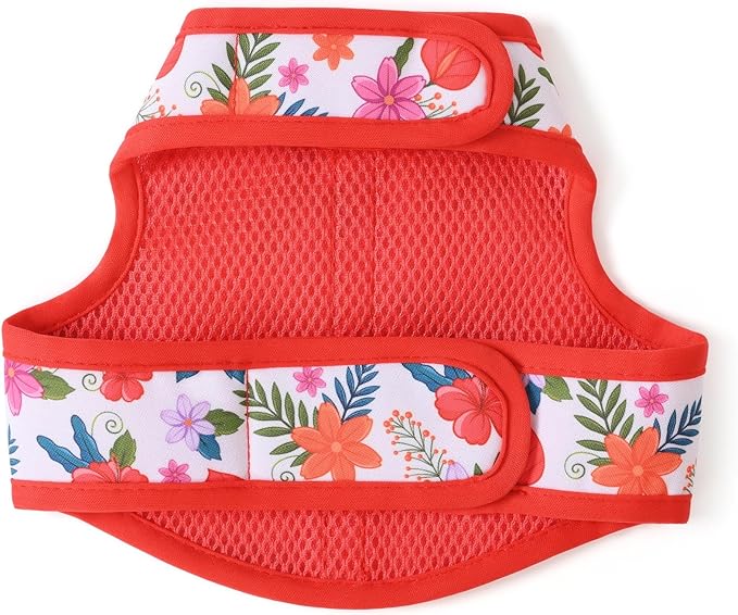 Mile High Life Dog Harness, Air Mesh Floral Vest Harness for 20 lbs Small Dogs & Cats, Easy Get on Adjustable Easy Closures Both Neck and Chest(Red Flower, XS Chest 14"-16")