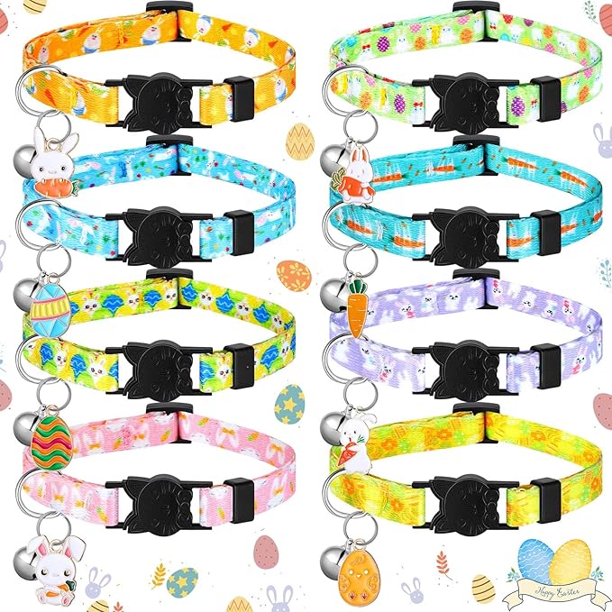 8 Pcs St. Patrick's Day Adjustable Cat Collar Easter Cat Collar with Bell Plastic Buckle Valentines Holiday Puppy Gift for Pet Kitten Puppy(Bunny)