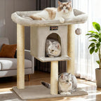 Cat Tree Tower Scratching Post for Indoor Large Cats, Small Cat Tree with Big Perch Bed, 28in Tall Trees House with Condo Cave, Toy Balls, Modern Climbing Furniture Platform for Kitten (Light Gray)