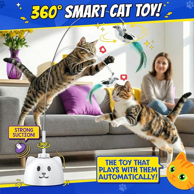 Interactive Cat Toys for Indoor Cats - Automatic Flying Bird Feather Toy, USB Rechargeable Electric Cat Teaser with Sticky Suction Base, Smart Motion Activated Self-Play Enrichment Toy for Bored Cats