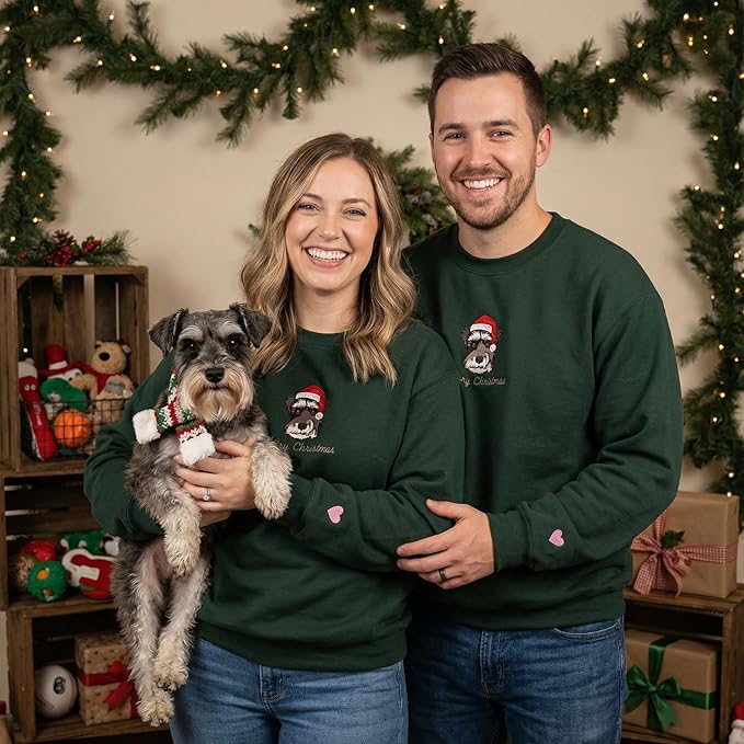 COUPLEHOODIES Custom Pet Christmas Sweatshirt – Embroidered Cat or Dog Portrait Unique Pet for Dog Moms or Family