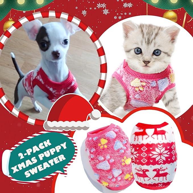 2 Pieces Dog Christmas Outfit Puppy Sweater Teacup Dog Clothes Chihuahua Clothes Reindeer Snowflake Xmas Pet Warm Winter Clothes for Extra Small Breeds Kitty Puppy Cat (X-Small)