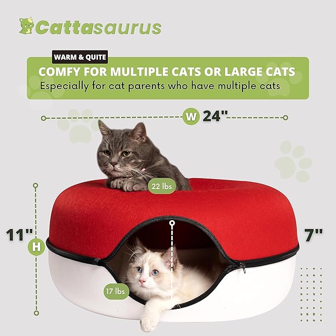 Cattasaurus Peekaboo Cat Cave Donut for Multiple & Large Cats up to 30-45 lbs, 3-in-1 Self Warming Cat Bed, Tunnel & Scratcher for Indoor Cats, Washable & Detachable Dog Bed (Ruby Snowball, Large)