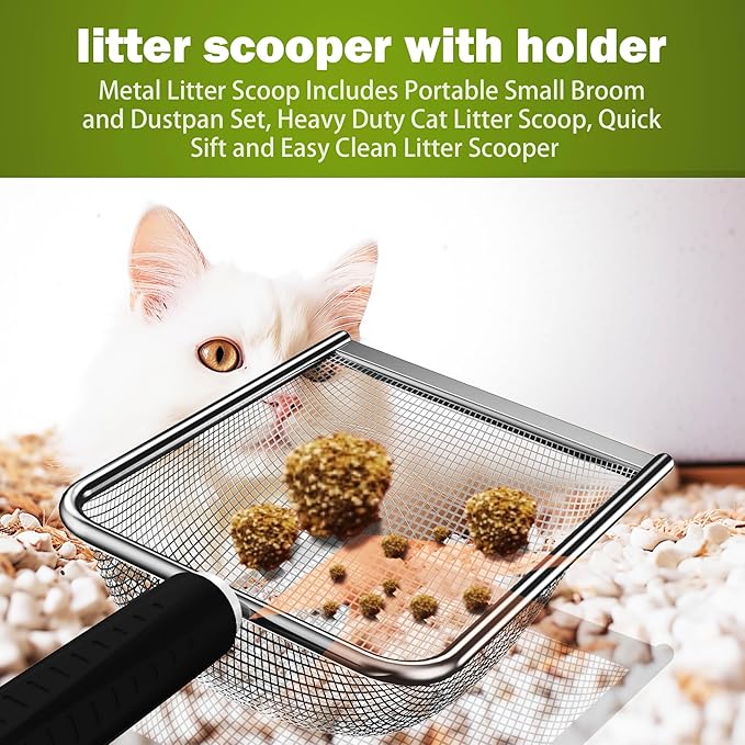 XIAOXINGYUN Litter Scooper with Holder for Sandbath Box,Stainless Steel Litter Scooper Includes Portable Small Broom and Dustpan, Mesh Shovel-Easy to Clean - Suitable for Cat Litter Box
