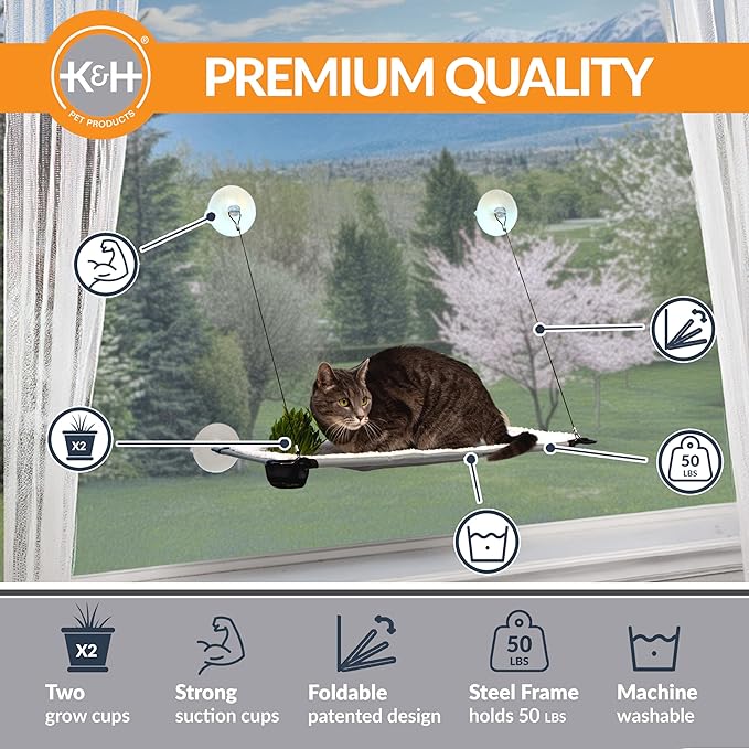 K&H Pet Products Window Lounger with Oat Grass, Cat Window Perch for Large Cats, Farmed in USA, Non-GMO Grass Kit, Sturdy Kitty Sill Window Hammock Bed, Steel Frame, Sturdy Suction Cups - 23 X 12in