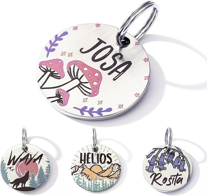 MYXGY Colorful Dog Tags Personalized, Engraved Dog Tags with Colored Printing for Pets, Customizable Cat Collar Holder Tag (Mushroom)