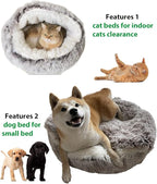 ShinHye Cat Bed Round Plush Fluffy Hooded Cat Bed Cave, Cozy for Indoor Cats or Small Dog beds, Soothing Pet Beds Doughnut Calm Anti-nxiety Dog Bed - Waterproof Bottom Washable (20×20inch, Grey)