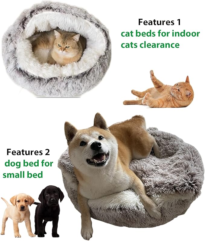 ShinHye Plush Fluffy Hooded Cat Bed Cave, Cozy for Indoor Cats or Small Dogs - Waterproof, Washable, 2626inch, Grey